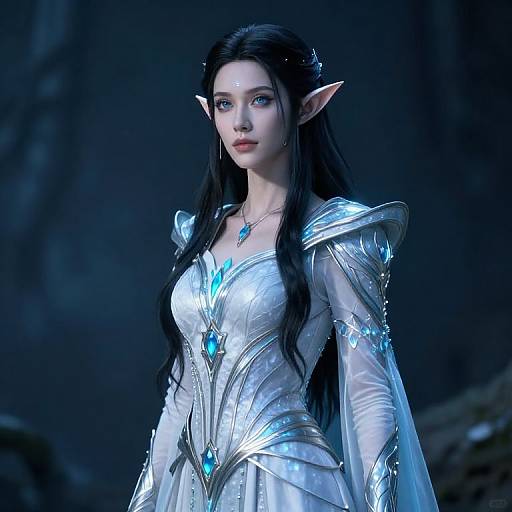CGI fantasy elf woman with long black hair, pointed ears, blue eyes, wearing a silver and blue armored dress, standing in a dark forest.