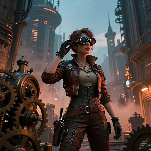 Cyberpunk female agent in leather jacket, goggles, and gloves, standing confidently in a steampunk city with gears and machinery, under a blue