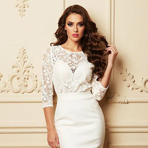 Photograph of a beautiful woman with long, wavy brown hair, wearing a white lace top and form-fitting white skirt, standing against a cream