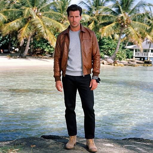 Photograph of a handsome man with short dark hair, wearing a brown leather jacket, gray tee, black pants, and beige boots, standing on a