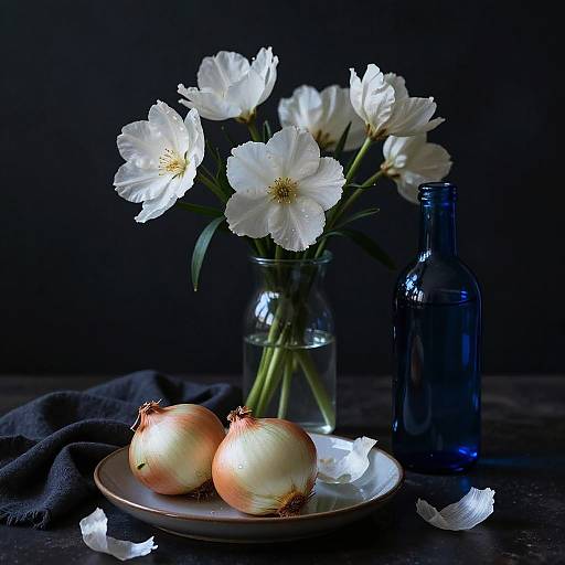 Photograph: White chrysanthemums in a clear glass bottle, beside a blue bottle, with two yellow onions and petals on a dark plate