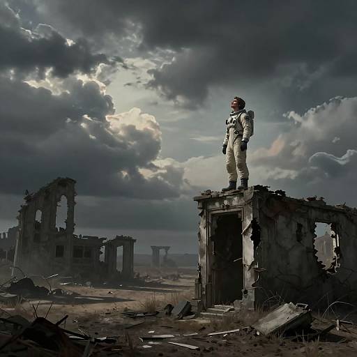 Digital painting of a lone astronaut in white suit standing on ruins, under dramatic cloudy sky, with broken structures in the background. Dark, moody,