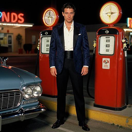 Photograph of a tall, handsome man in a dark blue patterned jacket, white shirt, black pants, standing between red gas pumps, with a