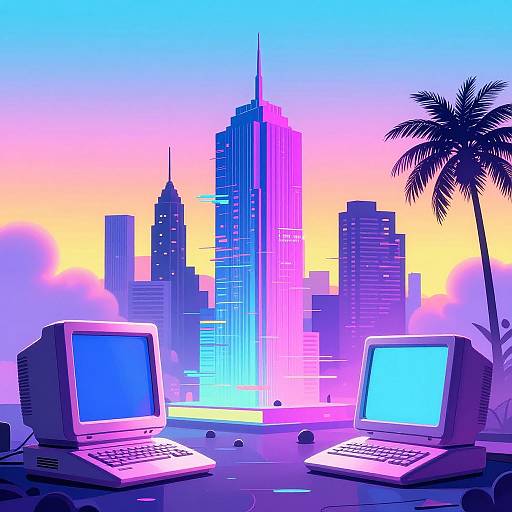 Vaporwave Abstract Digital Cityscape