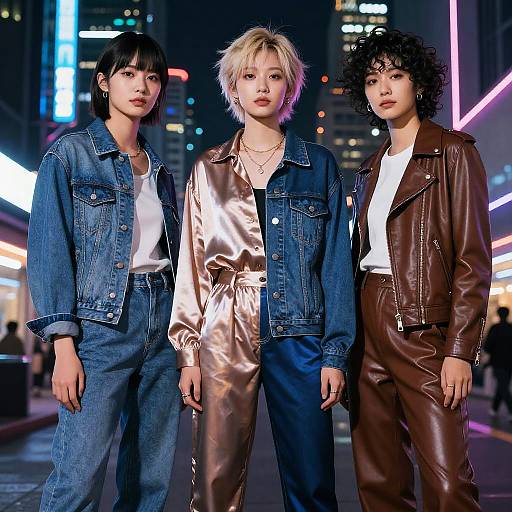 Photograph of three Asian women in a neon-lit city street at night, wearing denim jackets, white shirts, and satin, leather, and denim