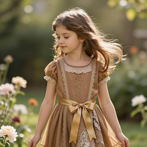 Photograph of a young girl with long brown hair in a brown lace-trimmed dress with a gold ribbon, standing in a sunlit garden with