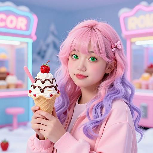 Digital art of a cute Asian girl with pink and purple hair, green eyes, pink bow, holding a dessert cone with cherry, in a neon-l