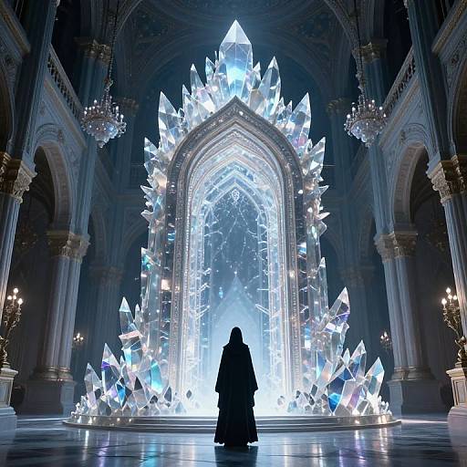 Photograph of a silhouetted figure in a long cloak standing before a glowing, crystal arch in a grand, dark cathedral.