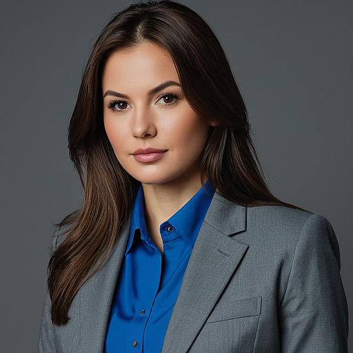 Professional Woman in Grey Suit and Blue Shirt