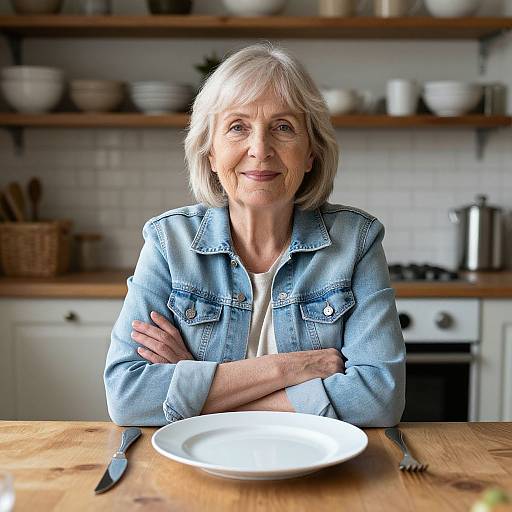 Photograph of an elderly woman with short white hair, wearing a blue denim jacket, smiling warmly while seated at a wooden kitchen table with a white plate