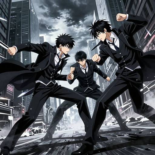 Three black-haired anime men in black suits, fists raised, fighting in a futuristic, neon-lit cityscape with shattered glass and debris.