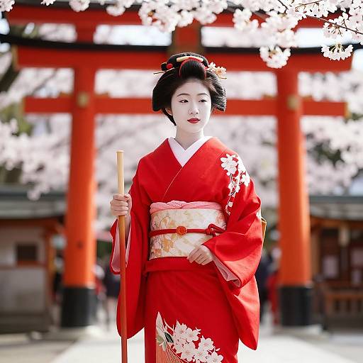 Photograph of a pale-skinned Japanese woman in a vibrant red kimono with white floral patterns, holding a wooden stick, standing in front of a