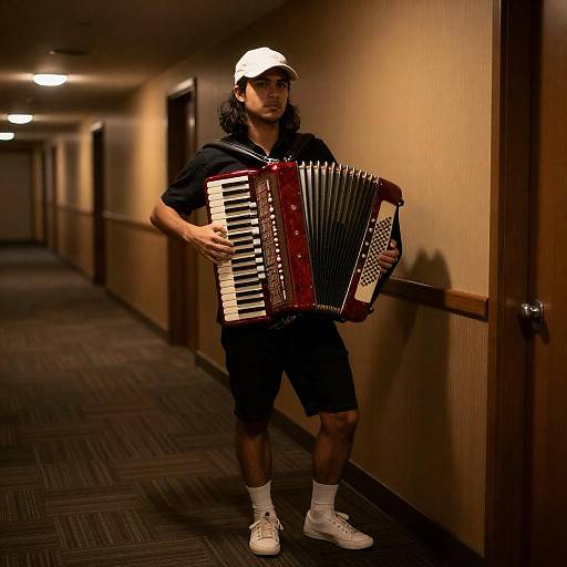 Young Man in Hallway with Red Accordion