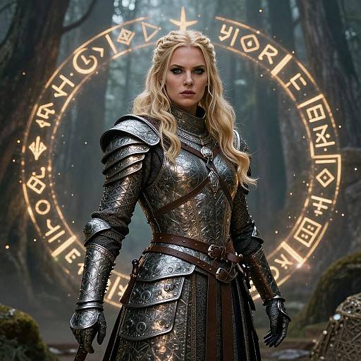 Digital CGI image of a blonde woman in ornate silver armor standing in a misty forest, with glowing runes behind her.