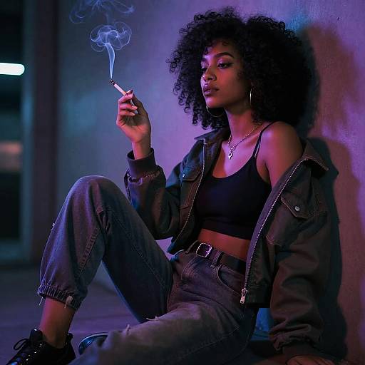 Cyberpunk Woman Sitting Smoking Neon