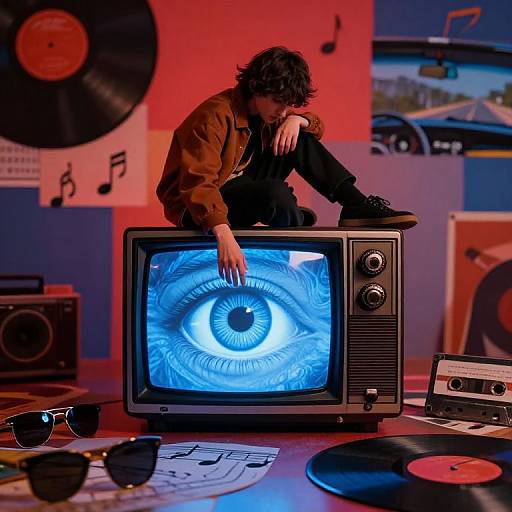 Photograph of a curly-haired man in a brown jacket, sitting on a vintage TV showing a blue eye pattern, surrounded by vinyl records, music notes