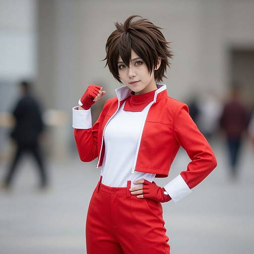 Photograph of a young woman with short black hair, wearing a red and white cosplay outfit, red gloves, and a confident pose, standing in a