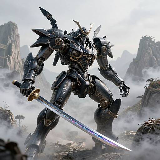 Photorealistic CGI of a black, armored, humanoid robot wielding a glowing sword, standing in a misty, rocky, mountainous landscape.