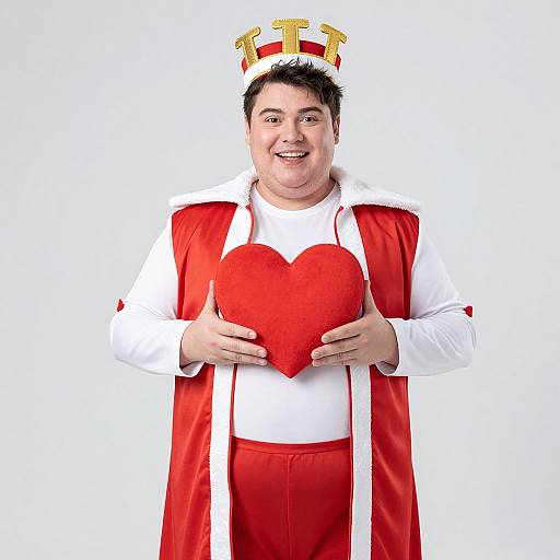 Photograph of a smiling, chubby man with short black hair wearing a red and white king costume, holding a large red heart, against a white background