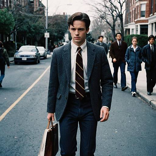 Photograph of a young white man with dark hair, wearing a dark gray suit, white shirt, striped tie, and holding a brown briefcase,