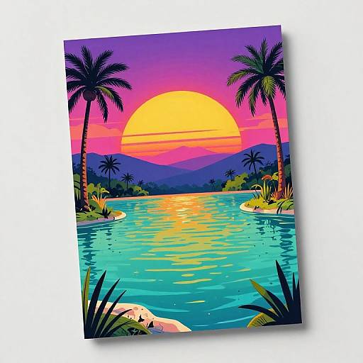 Vibrant digital illustration of a tropical sunset over a serene lake with palm trees, colorful gradient sky, and reflective water.