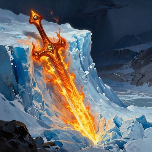 Digital art: A flaming, ornate sword embedded in a towering ice cliff, with bright orange flames contrasting against the cold, blue ice.