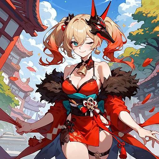 Anime Girl in Red Kimono with Mask and Bells
