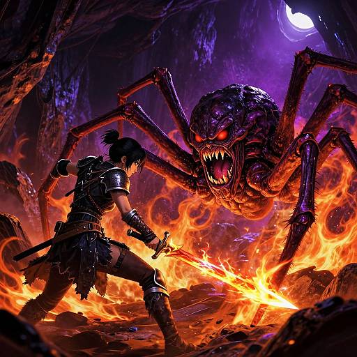 Digital artwork: Dark-haired warrior with sword battles fiery, monstrous spider with red eyes in a cave, illuminated by orange flames and a purple moon.