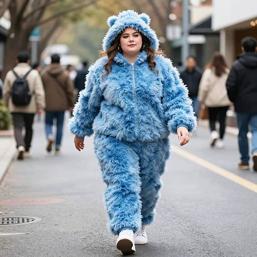 Plus Size Woman in Blue Furry Costume Walking