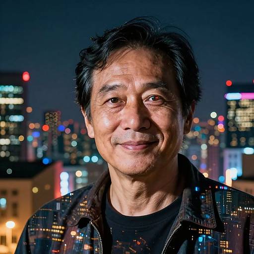 Photograph of middle-aged Asian man with short black hair, smiling, wearing a black shirt and patterned jacket, against a nighttime cityscape with colorful