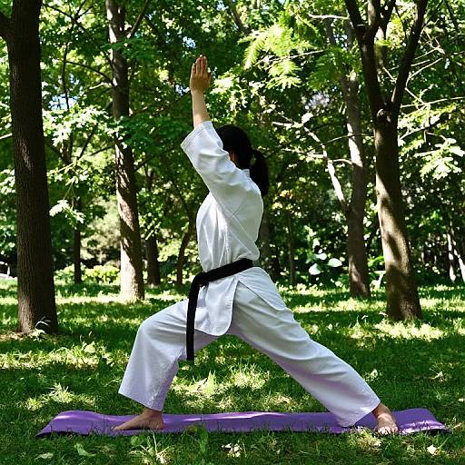 Photograph of a woman in a white karate gi with black belt, performing a karate stance on a purple mat in a sunlit forest.