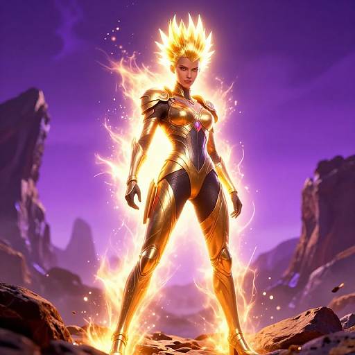CGI image of a powerful, blonde woman with glowing, spiky hair and fiery aura, wearing black and gold armor, standing on rocky terrain under