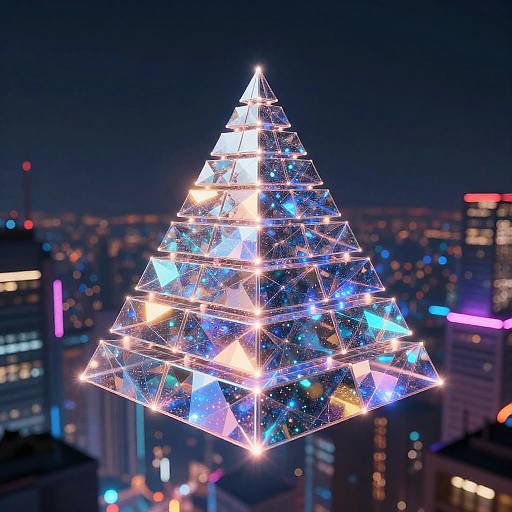 Iridescent Fibonacci Pyramid Over Cyberpunk City