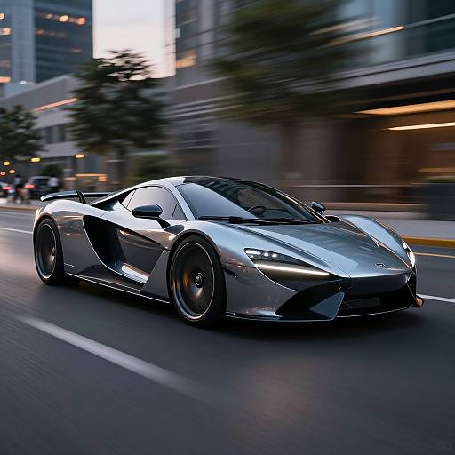 Photograph of a sleek, silver, high-performance sports car speeding down a city street at night, with blurred urban buildings and lights in the background.