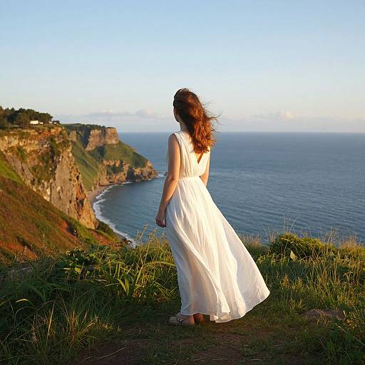 Photograph of a woman with long red hair in a white dress, standing on a grassy cliff, overlooking a blue ocean and rocky coastline at sunset