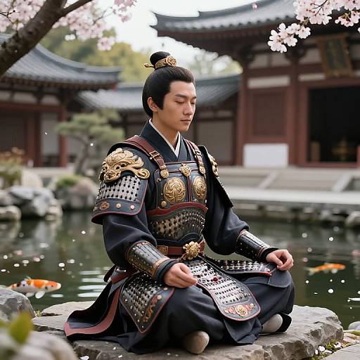 Photograph of a serene Japanese samurai in ornate, black armor with gold accents, seated on a rock by a cherry blossom pond.