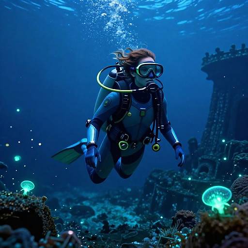 Photograph of a female scuba diver with brown hair, wearing a black wetsuit and oxygen tank, exploring a vibrant blue underwater coral reef with