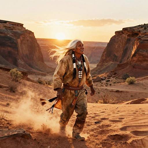 Photograph: Native American man with long white hair, beige traditional outfit, and black jewelry, runs through sunlit desert canyon, dust kicking up.