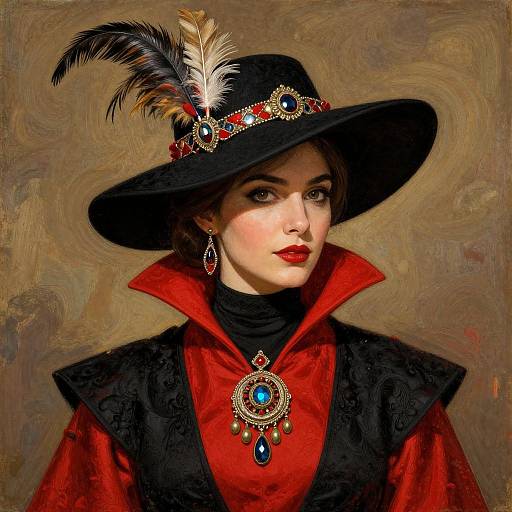 Digital painting of a fair-skinned woman with red lips, wearing an ornate black hat with feathers, red and black Victorian-style dress, and elaborate
