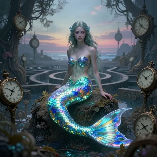 Digital artwork of a shimmering blue-green mermaid with long blonde hair, seated on a rock surrounded by vintage clocks in a twilight, surreal landscape.