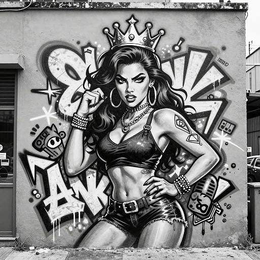 Black-and-white graffiti of a confident woman with long hair, crown, black crop top, and shorts, standing against a graffiti wall.