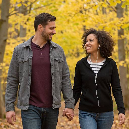Photograph of a smiling, curly-haired Black woman and bearded White man holding hands in an autumn forest with yellow leaves. He wears a gray jacket