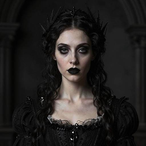 Gothic digital portrait of a pale woman with dark curly hair, black lipstick, and a black lace dress, set against a dark, arched