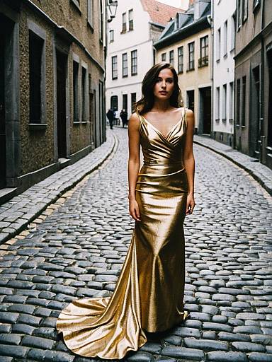 Woman in Gold Dress on Cobblestone Street