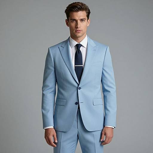 Photograph of a handsome, young Caucasian man with short brown hair, wearing a light blue suit, white shirt, and black tie, standing against a