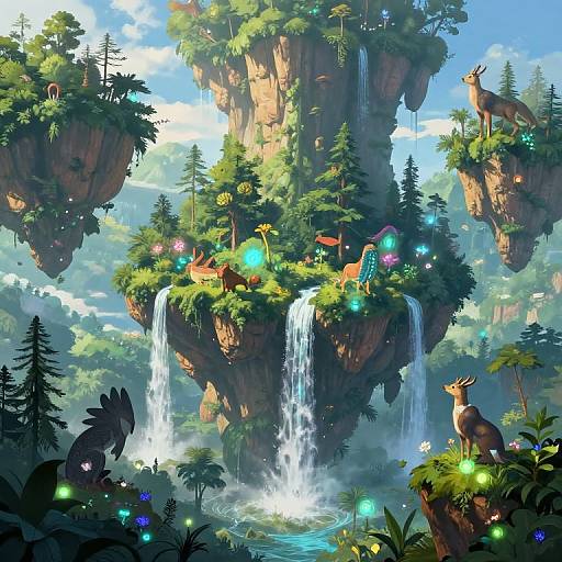 Fantasy CGI scene: vibrant cliffside with waterfalls, glowing orbs, diverse wildlife, including deer and dragon, lush greenery, and colorful houses