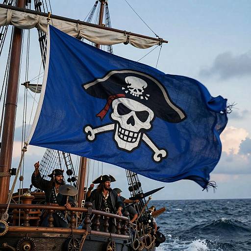 Photograph of a pirate ship with a large blue flag featuring a white skull and crossbones, crew members in black pirate attire, ocean background, and