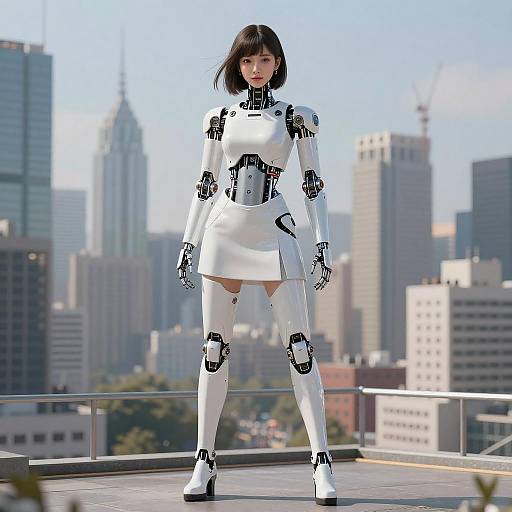 CGI image of a white robotic woman with black mechanical joints, standing on a rooftop with a city skyline background.