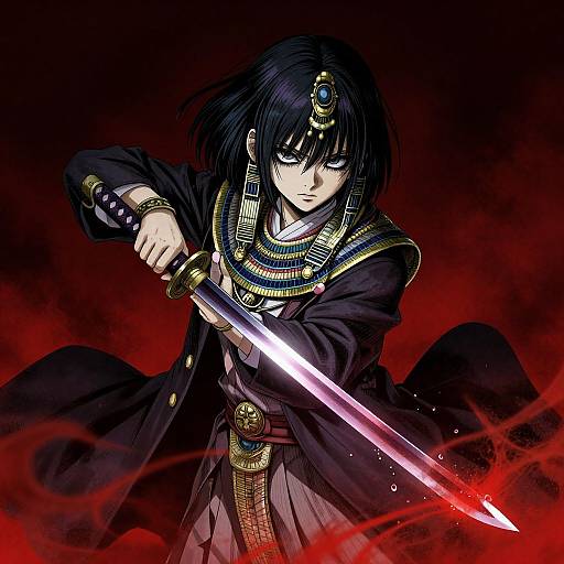 Digital anime-style drawing of a fierce, black-haired warrior with intense blue eyes, wearing Egyptian-inspired attire, wielding a glowing red sword against a dark,