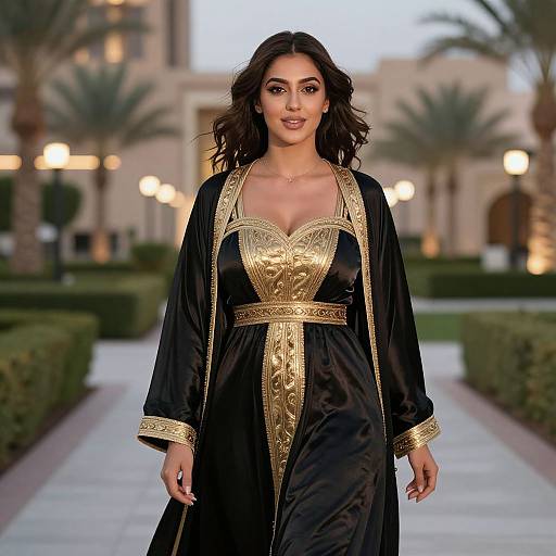 Photograph of a confident woman with wavy dark hair, wearing a black velvet robe with gold trim, walking down a palm-lined pathway at dusk.